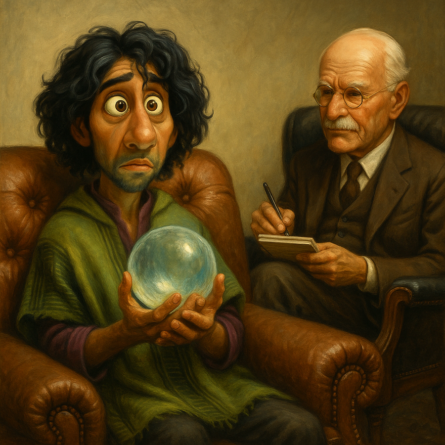 Bruno Madrigal sitting on a couch with a crystal ball in his lap with C.G. Jung
