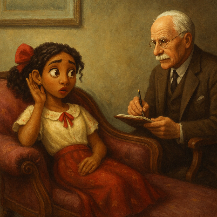 Dolores Madrigal sitting on a couch listening with C.G. Jung