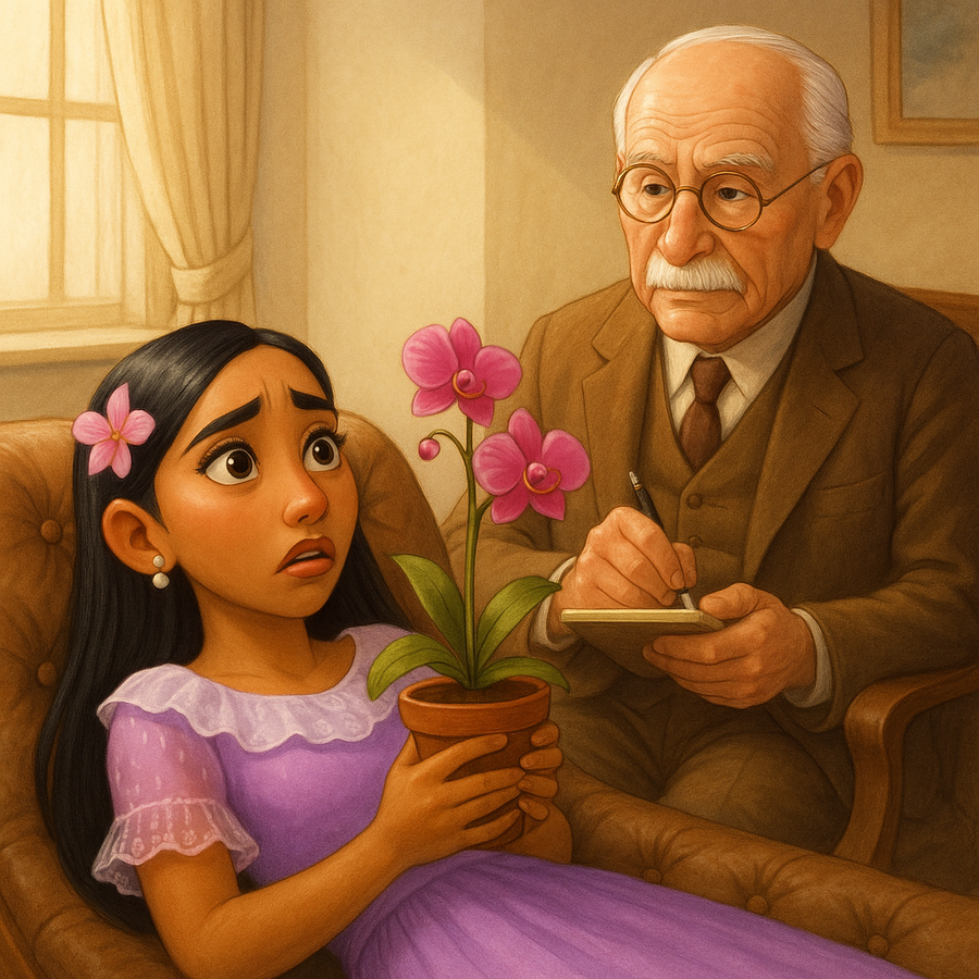 Isabela Madrigal sitting on a couch with a flower in her lap with C.G. Jung