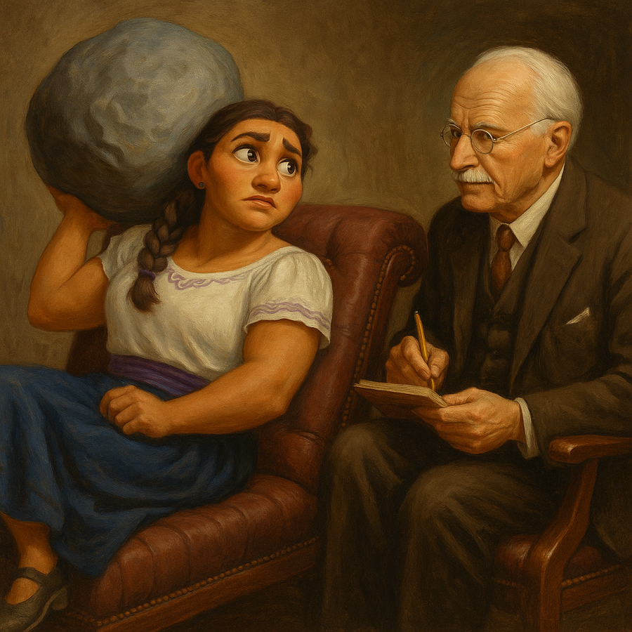 Luisa Madrigal sitting on a couch with a boulder on her shoulder with C.G Jung