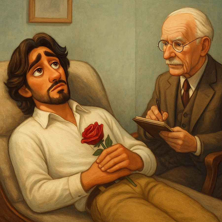 Mariano Guzmán sitting on a couch with a rose in his hands with C.G Jung