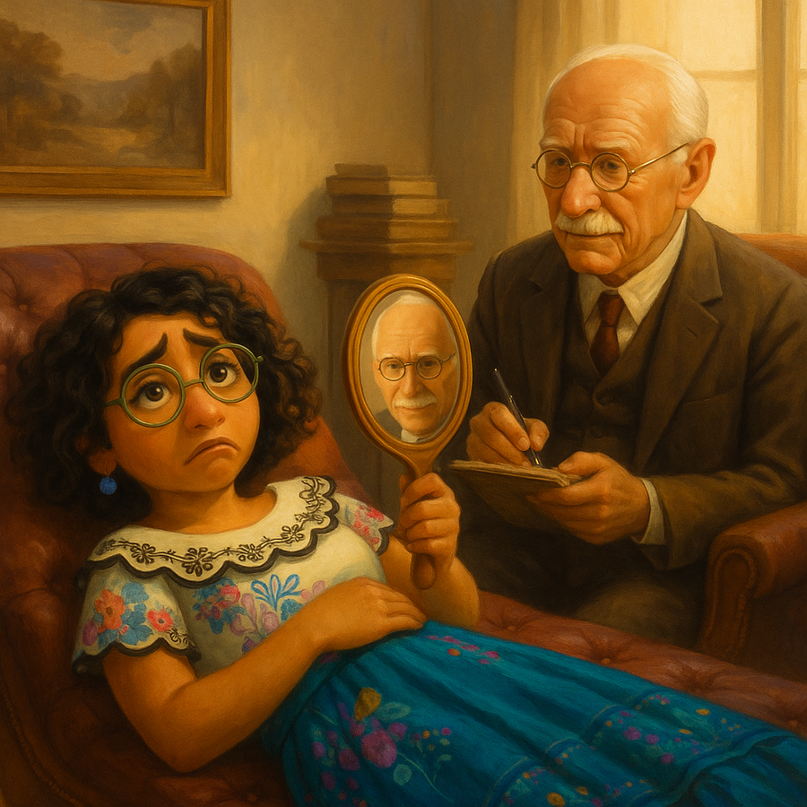 Mirabel Madrigal sitting on a couch with a mirror reflecting C.G. Jung