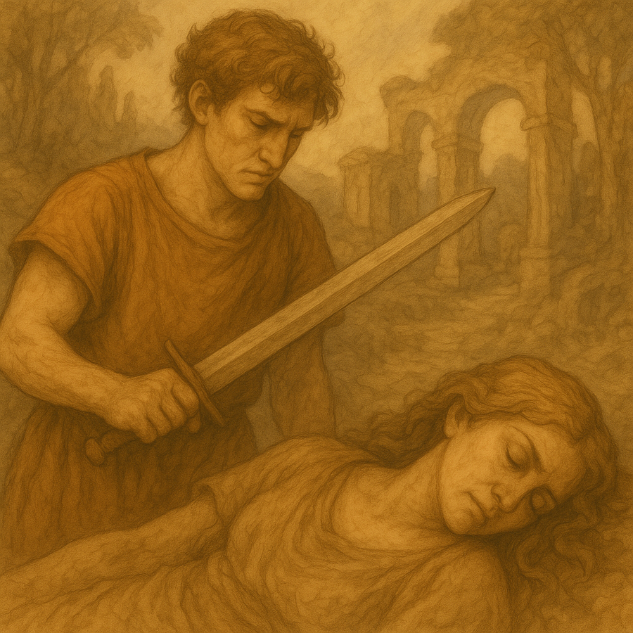 Orestes standing tormented after his choice