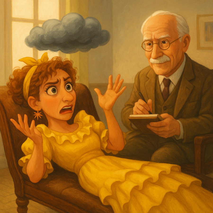 Pepa Madrigal sitting on a couch with a cloud over her head with C.G. Jung