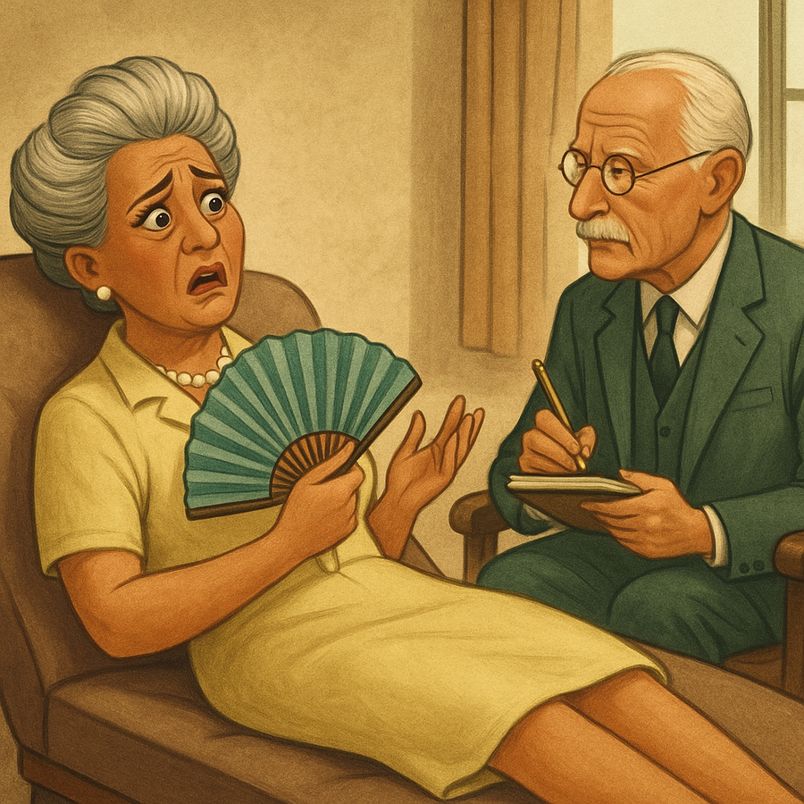 Señora Guzmán sitting on a couch with a fan in her hand with C.G Jung