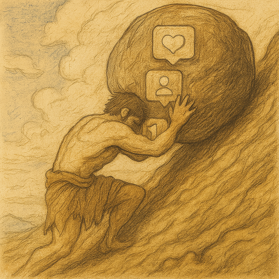 Sisyphus pushing a boulder up a hill
