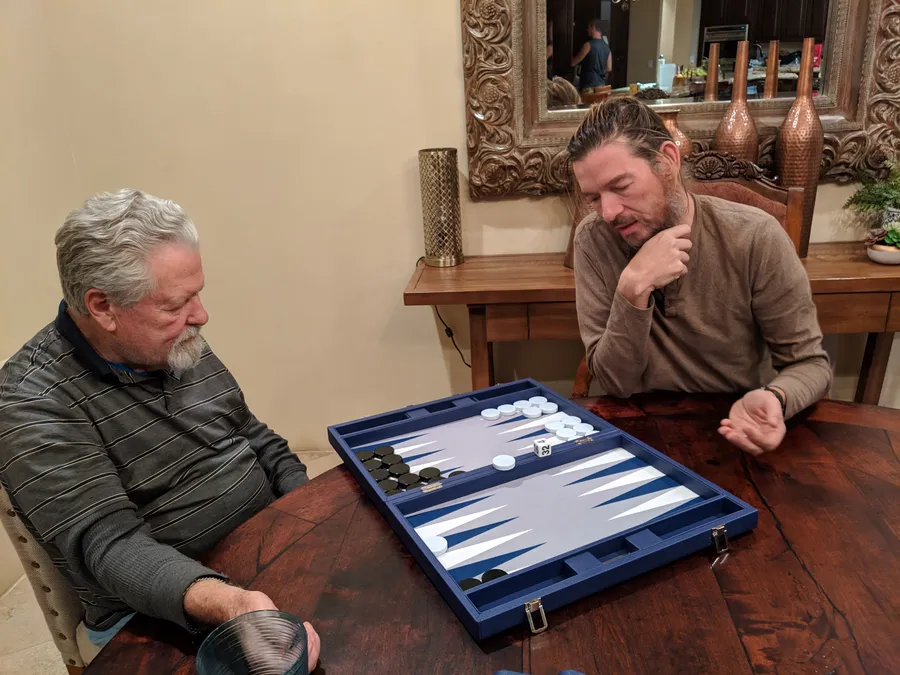 Brad Blanton and Jesper Jurcenoks playing Backgammon