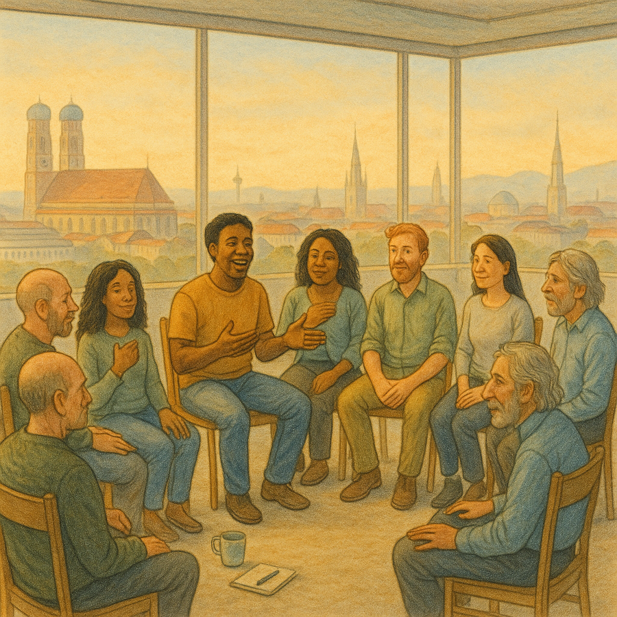 People Sitting in a Radical Honesty Circle in a conference room in Munich