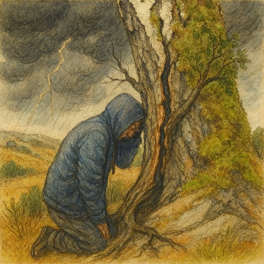 A person leaning against a tree in despair