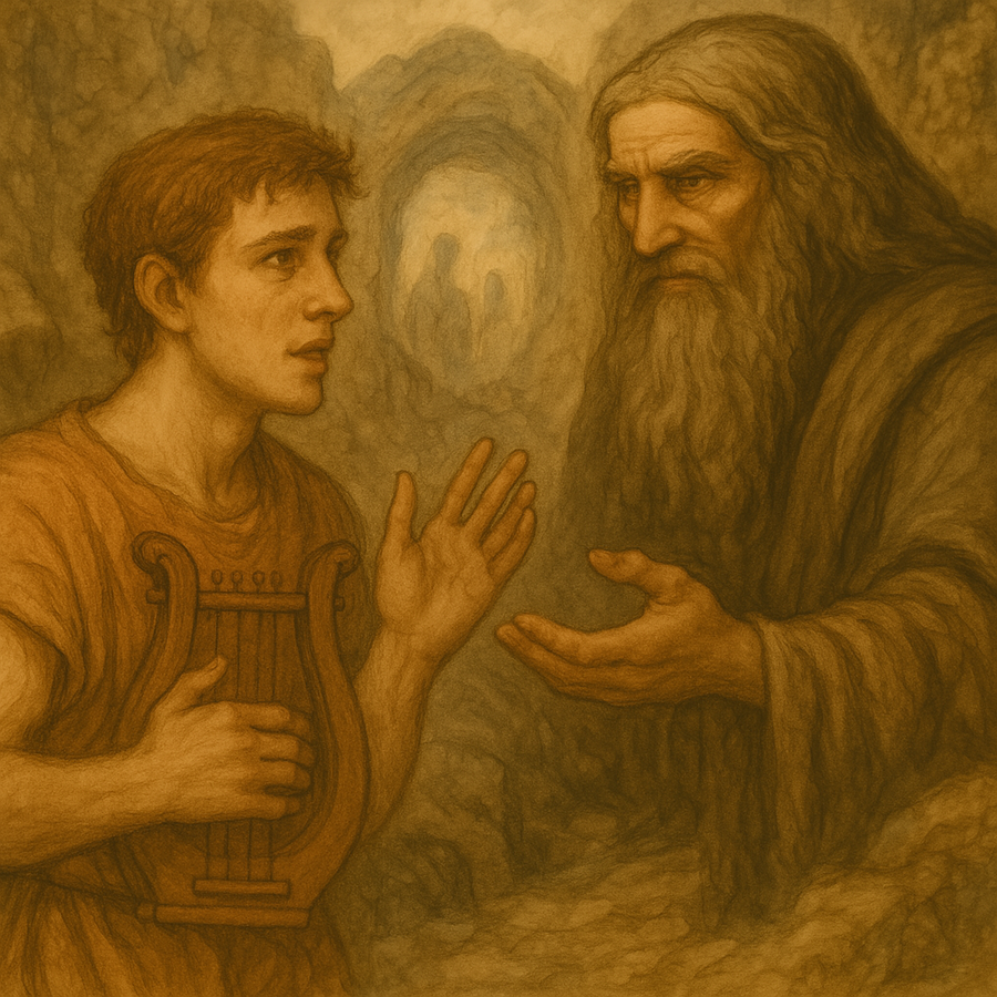 Orpheus leading Eurydice out of the underworld