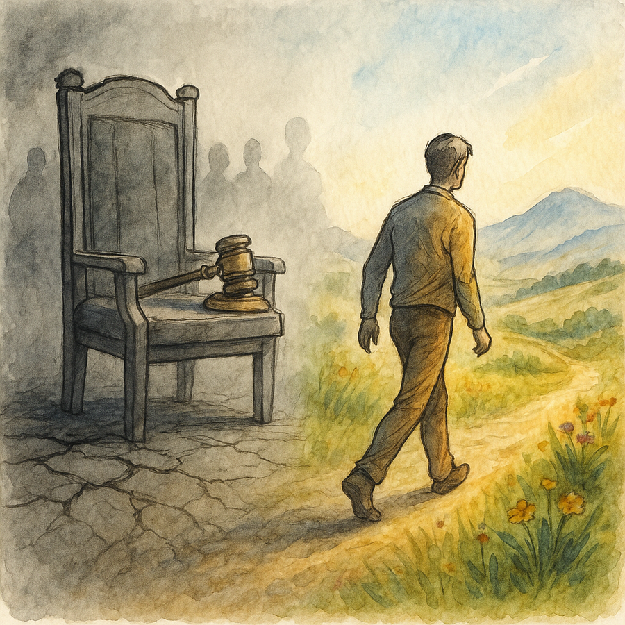 Person walking away from judgment and into the moment in nature